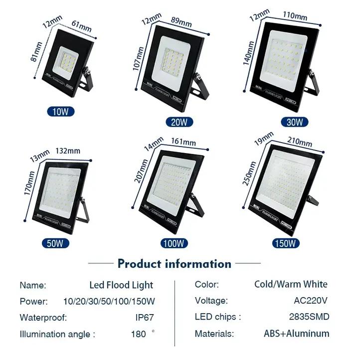 10W 20W 30W 50W 100W 150W 200W Led projecteur 220V projecteur extérieur IP67 étanche lampadaire écla
