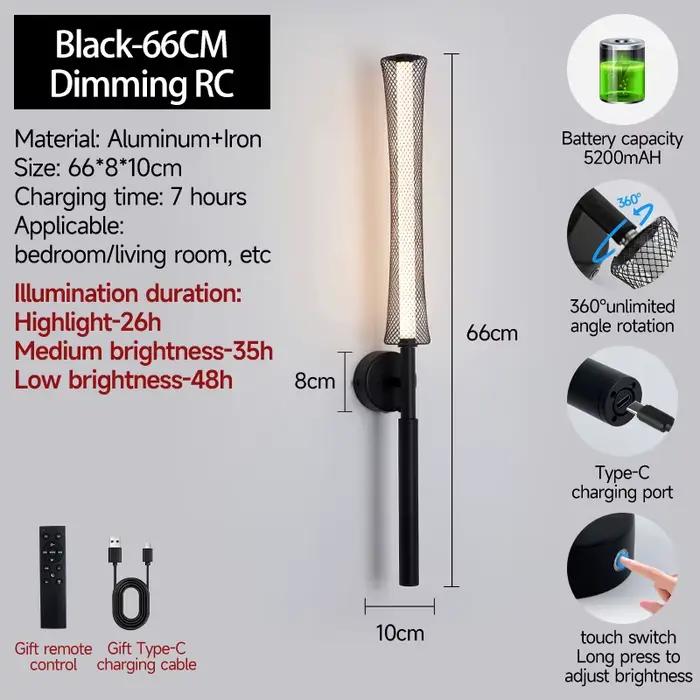Lampe murale à piles noire et or 66 cm, rechargeable sans fil, LED, avec télécommande, intensité rég