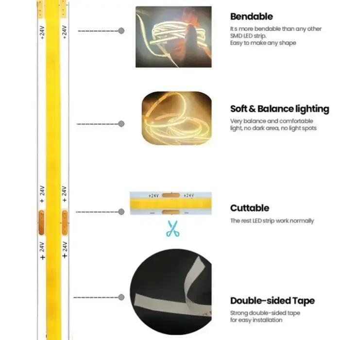 Bande lumineuse LED COB Ultra fine, 12V, 24V, 8MM, avec prise DC/2 broches, éclairage linéaire à int