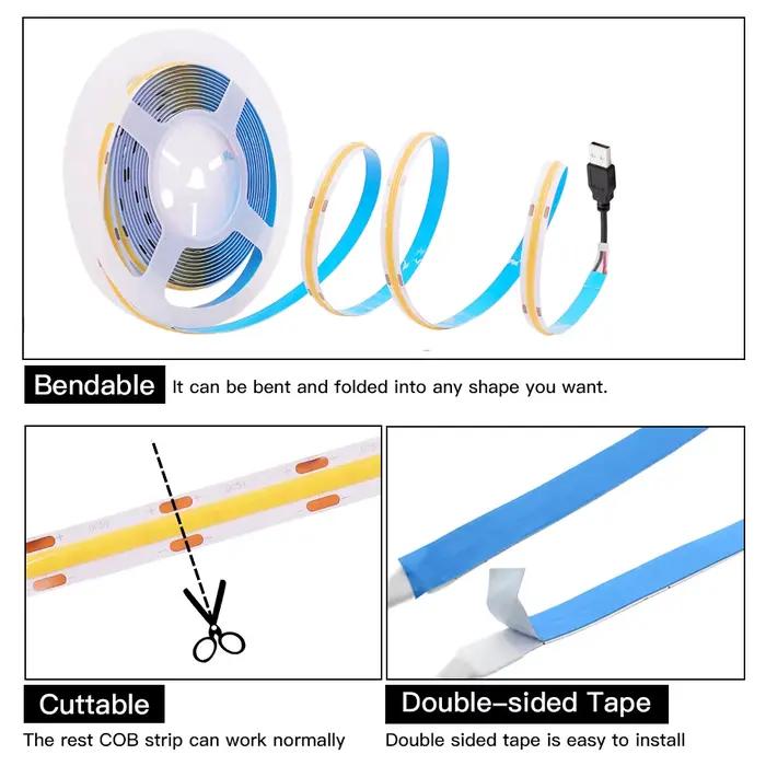 Bande lumineuse LED COB 5V 12V 24V, 320 diodes/m, haute densité RA90, Flexible, barre lumineuse, rub