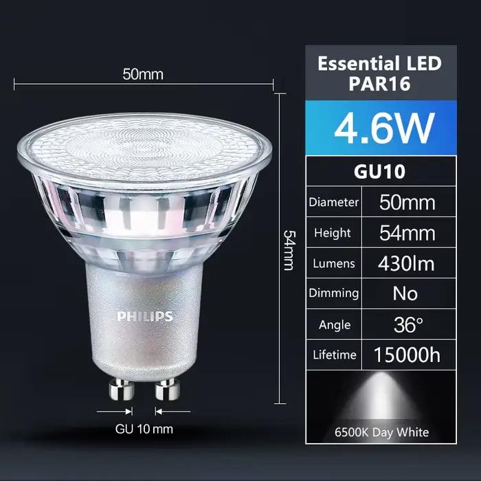 Philips GU10 PAR16 LED Spot Light Essential 4.6W (=50W Halogène) 220-240V 36 °   Lampes encastrées a