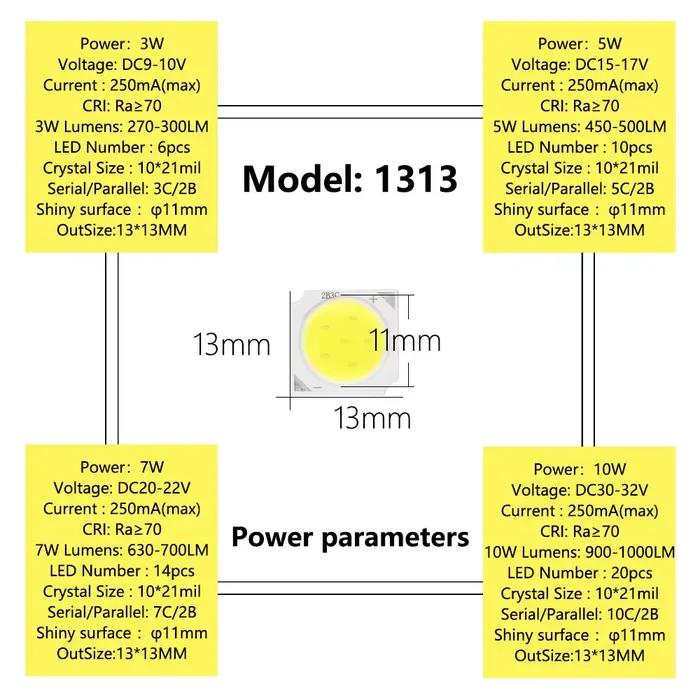 10 pièces 3W/5W/7W/10W LED COB perles de lumière LED Source puce 13mm pour ampoule LED lampe project