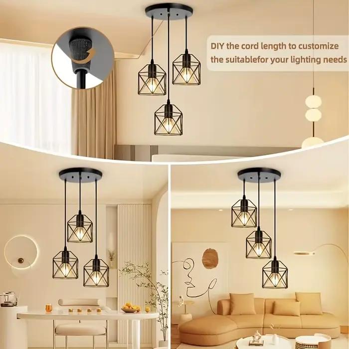 Lampe à suspension vintage à 3 têtes, lustre de plafond, abat-jour en métal E27 noir, adapté au salo