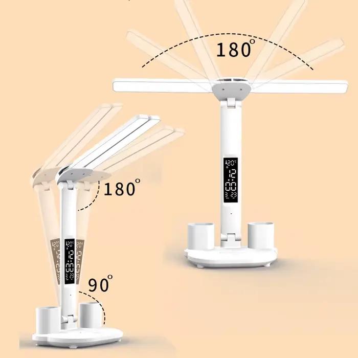 Lampe de Table LED multifonction pliable à Double tête, tactile, avec calendrier, horloge, USB, lamp