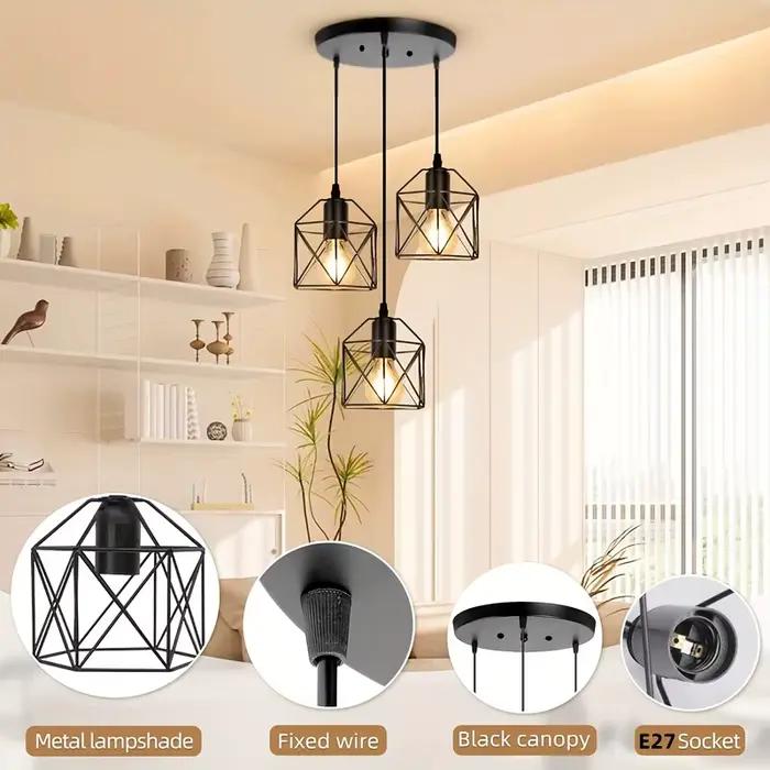 Lampe à suspension vintage à 3 têtes, lustre de plafond, abat-jour en métal E27 noir, adapté au salo