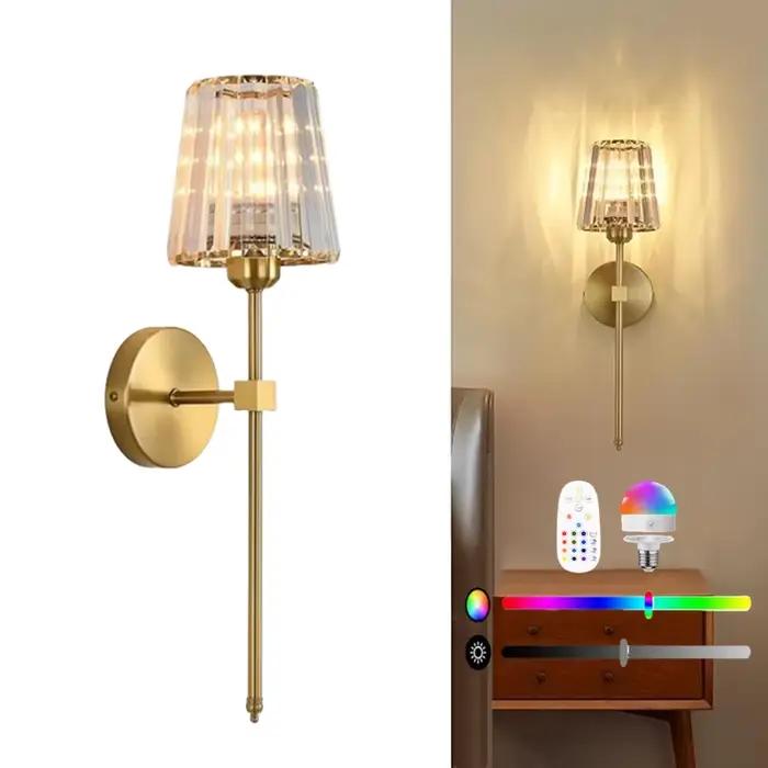 Applique murale en cristal à piles, applique murale sans fil dorée avec ampoule à chargement USB, ap