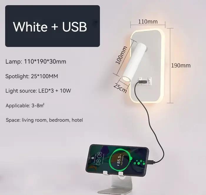 Applique murale LED rotative avec interrupteur et port USB, lampe de lecture murale, applique murale