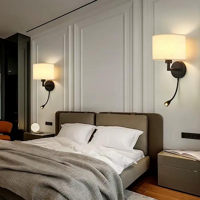 Applique murale moderne E27 avec lumière de lecture 3W, en tissu doré et spot réglable pour chambre 