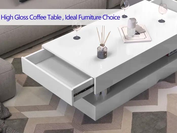Table basse LED à haute brillance, table centrale moderne avec 2 rangements à proximité, 47,3 pouces