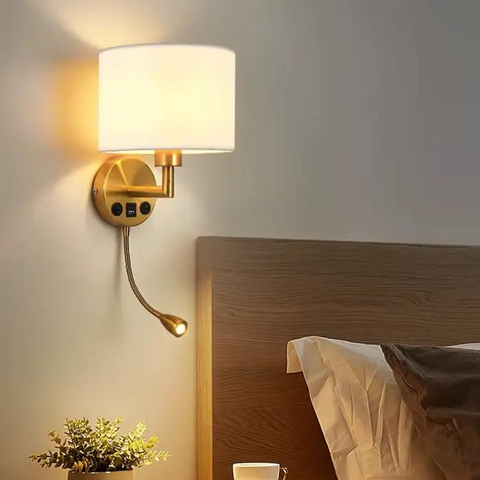 Applique murale moderne E27 avec lumière de lecture 3W, en tissu doré et spot réglable pour chambre 