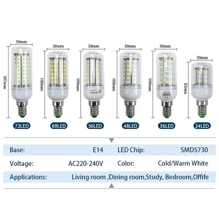 Lampe LED E27 E14 AC 220V 230V 5730SMD, ampoule LED en maïs 24 36 48 56 69 72LED, lustre, bougie, éc