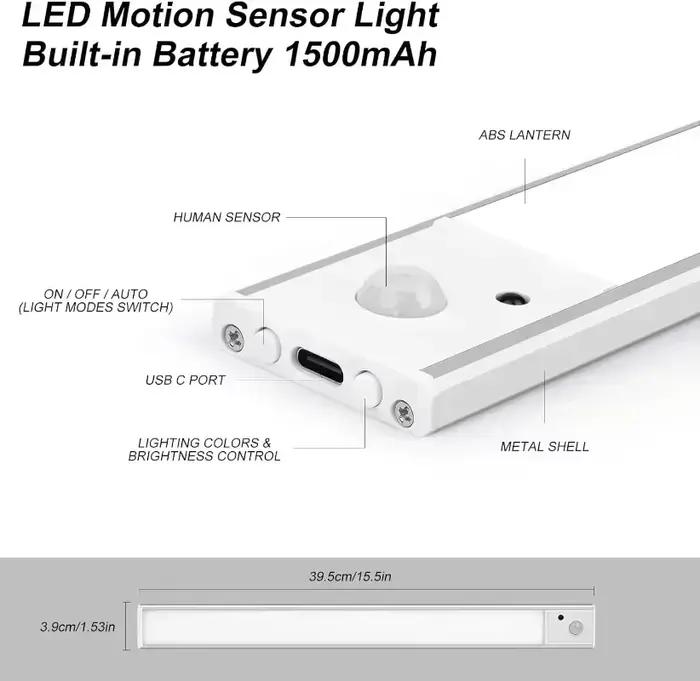 Lampe LED avec capteur de mouvement, Rechargeable par USB, 1500mAh, pour chambre, cuisine, armoire, 