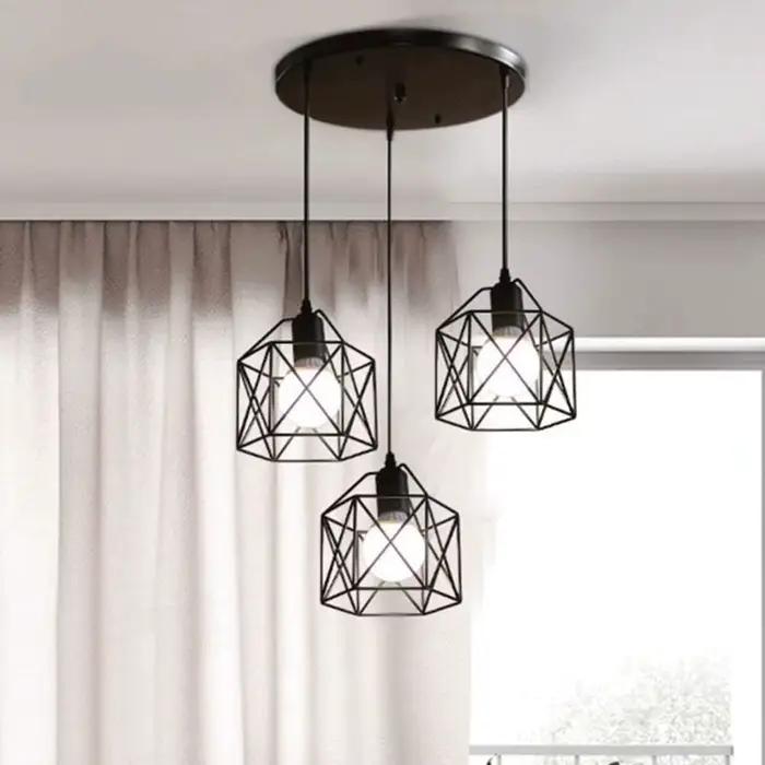 Lampe à suspension vintage à 3 têtes, lustre de plafond, abat-jour en métal E27 noir, adapté au salo
