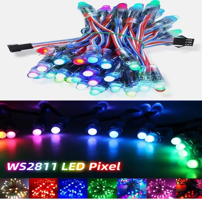 50pcs DC 5V 12V WS2811 Module de lumière de pixel LED polychrome 12mm 10cm fils IP68 étanche RGB cou