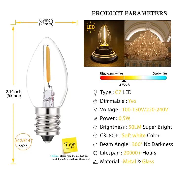 Genixgreen C7 LED veilleuse ampoule 0.5W Dimmable E12 E14 Base blanc chaud 2700K lustre sel lampe re
