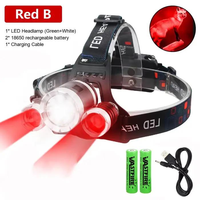 Lampe frontale de chasse rouge + blanc double lumière Rechargeable mise au point fixe étanche 4 Mode