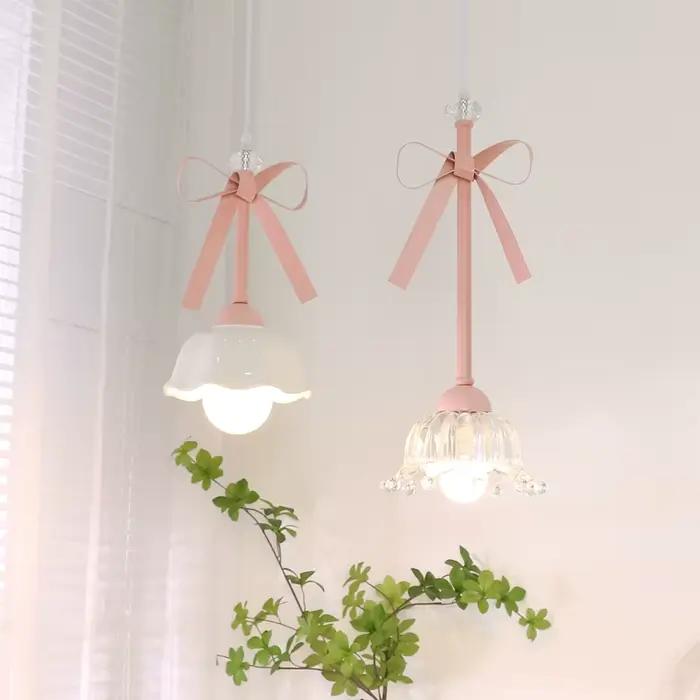Lampe LED Suspendue en Céramique Rose avec Nministériels d Papillon, Luminaire Décoratif de Plafond,
