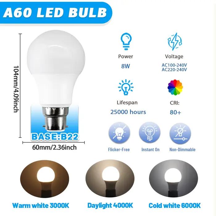 Ampoules LED B22 24W 20W 18W 15W 12W 10W 9W 8W, puissance réelle, A60 A80, pour salon et maison, 1 à