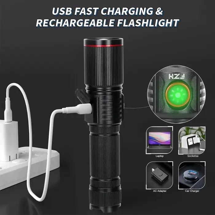 Lampe de poche Led haute puissance, Portable, Rechargeable, Zoom, batterie intégrée, torche de Campi