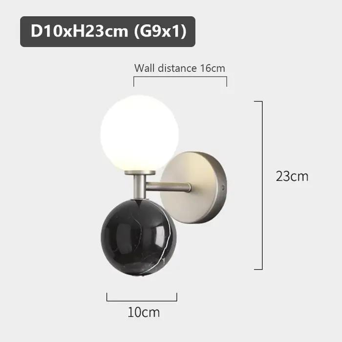 Applique murale moderne en métal argenté avec marbre naturel noir et globe en verre blanc, lampe mur