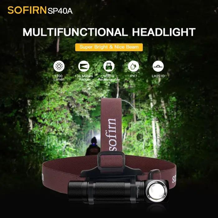 Lampe frontale SOFIRN SP40A avec optique TIR, LED TN-3535, rechargeable USB 18650, 1200lm, torche av