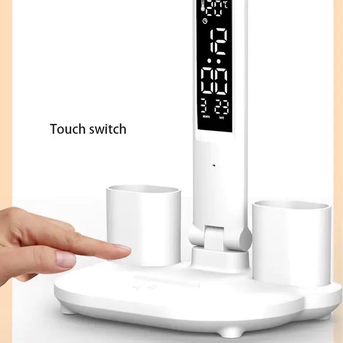 Lampe de Table LED multifonction pliable à Double tête, tactile, avec calendrier, horloge, USB, lamp