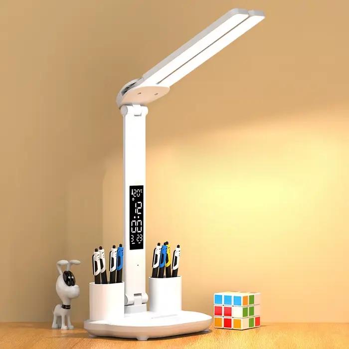 Lampe de Table LED multifonction pliable à Double tête, tactile, avec calendrier, horloge, USB, lamp