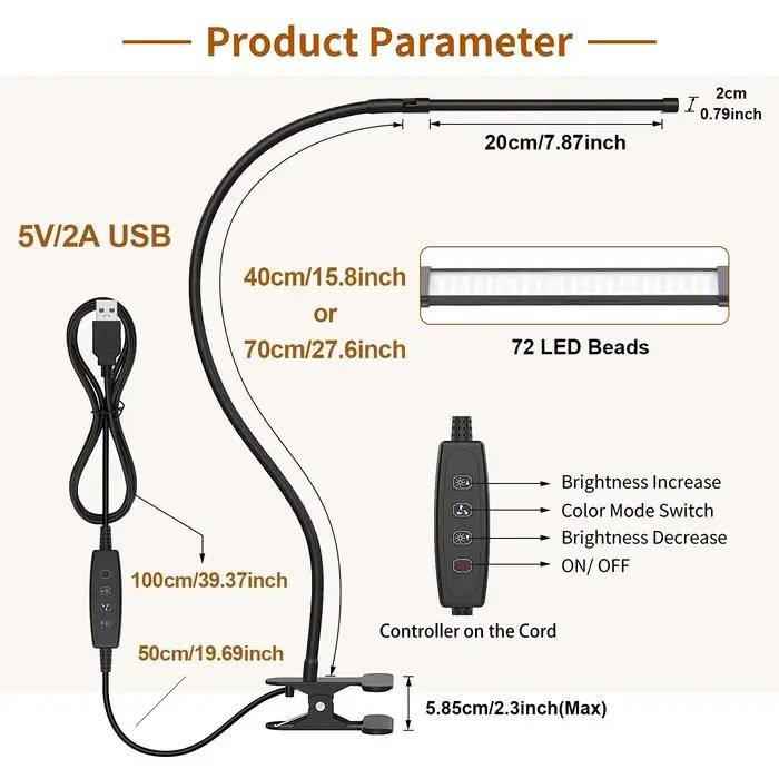 Lampe de bureau LED 10W avec pince, intensité variable, 10 niveaux de luminosité, 3 Modes d'éclairag
