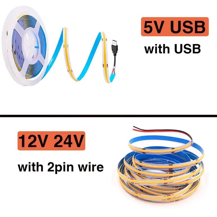 Bande lumineuse LED COB 5V 12V 24V, 320 diodes/m, haute densité RA90, Flexible, barre lumineuse, rub