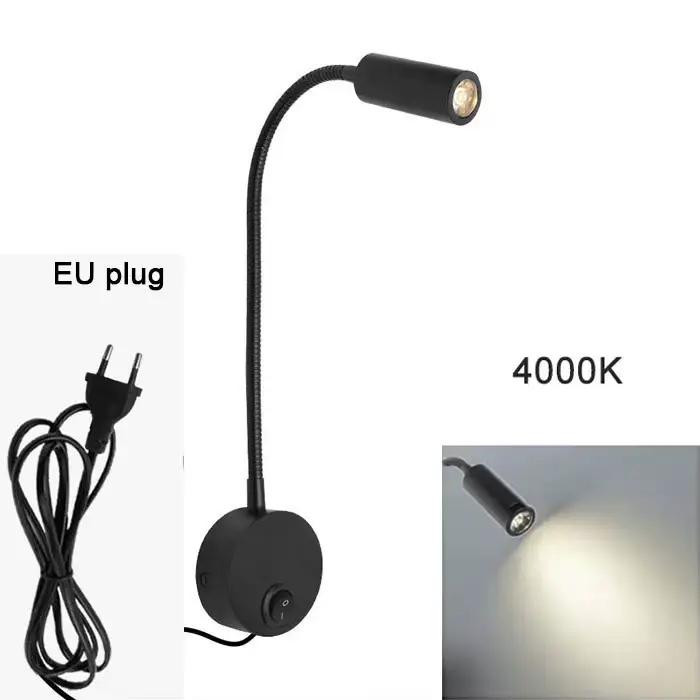 Applique murale LED flexible à col de cygne avec prise, 3 Watts (3W), pour chambre à coucher, lectur