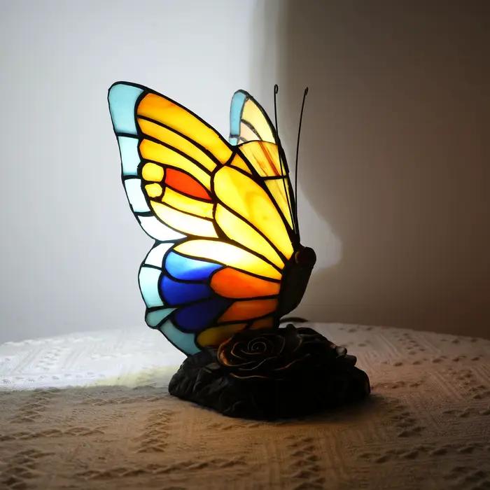 Lampes de chevet Tiffany Yellow Fairy Butterfly, abat-jour en verre teinté, lampe de bureau pour la maison ou le bureau, veilleuse, cadeau de Noël