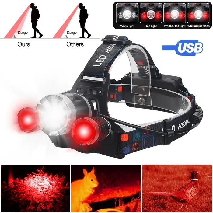 Lampe frontale de chasse rouge + blanc double lumière Rechargeable mise au point fixe étanche 4 Modes phare chasse Camping randonnée lampe de travail