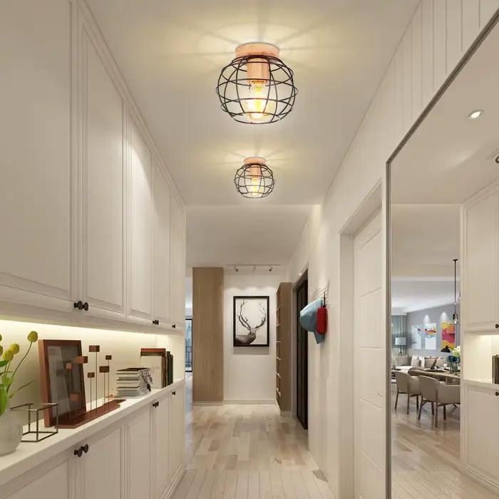 LED E27 plafonniers Vintage industriel bois plafonnier pour cuisine salon Bar Restaurant fil Cage abat-jour éclairage