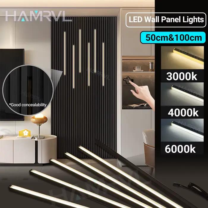 Bande lumineuse LED pour panneau mural à lattes de bois, sans perceuse, pâte à gradation tactile pénétrable, décoration d'armoire de magasin, éclairage en aluminium