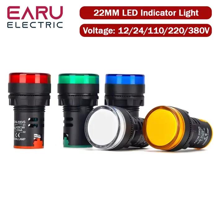 EARU 22MM Panneau LED, voyant électronique, lampe de signalisation, AC DC 12V 24V 110V 220V 380V Rouge Vert Jaune Bleu Blanc