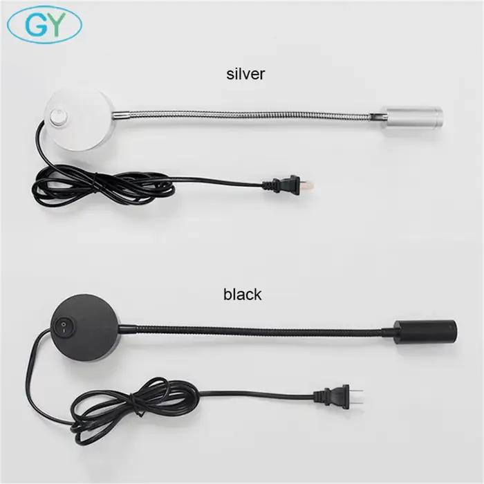 Applique murale LED flexible à col de cygne avec prise, 3 Watts (3W), pour chambre à coucher, lecture, salle de bain, noir et blanc