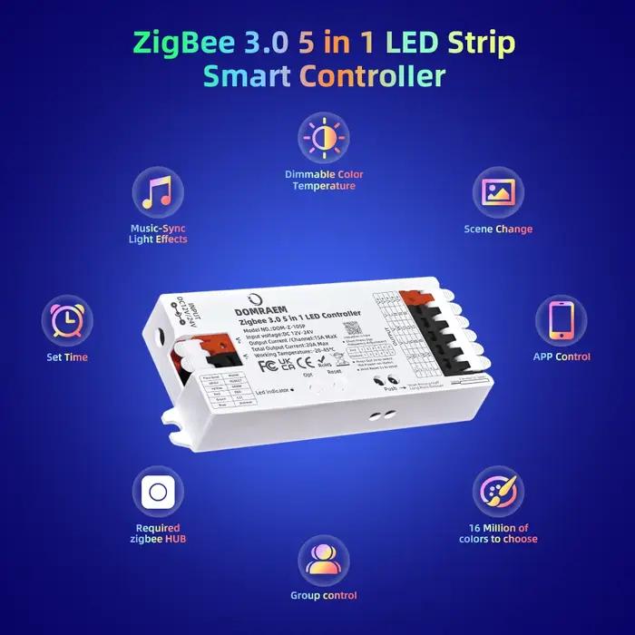Contrôleur LED intelligent DOMRAEM Zigbee 3.0 5 en 1 DIMMER WW/CW RGB RGBWCCT pour bandes LED, compatible avec les hubs 3.0 (Hu*e/Echo Plus, etc.) )Alexa/APP