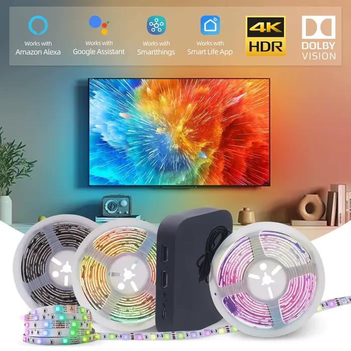 Boîte de synchronisation d'écran intelligente AI, bande LED d'ambiance, TV, moniteur PC, rétro-éclairage, HDMI 2.0, 4K, lumières de musique de jeu, WIFI, Alexa, Assistant Google