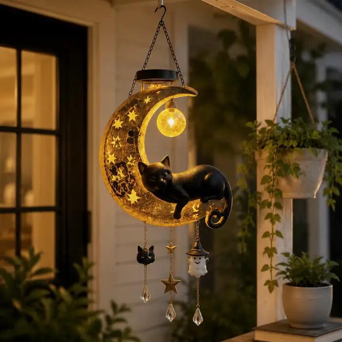 Lampe solaire LED suspendue en forme de chat et de lune, sculpture artistique en résine, lumière de nuit pour jardin, porche, décoration intérieure et extérieure