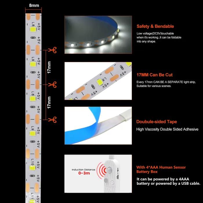 Bande lumineuse LED avec détecteur de mouvement 0,5m 1m 2m 3m, éclairage LED pour placard, alimenté par piles, applique murale pour TV, lits, escaliers, armoires, décoration intérieure