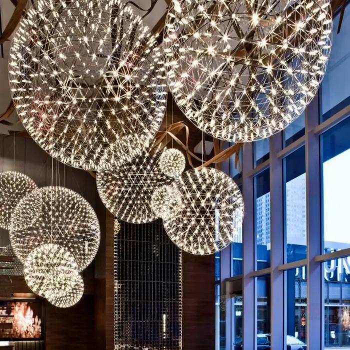 Moderne bref Loft étincelle boule LED lumières Lustre luminaire feu d'artifice en acier inoxydable hall