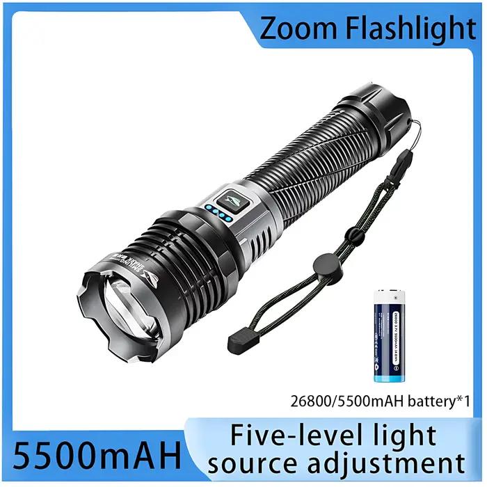 Lampe Torche 2000 Lumens à Laser Blanc, Dissipation Thermique, Zoomable, Rechargeable USB-C, 5 Modes et Résistante à l'Eau pour Chasse, Vélo, Camping et Urgence