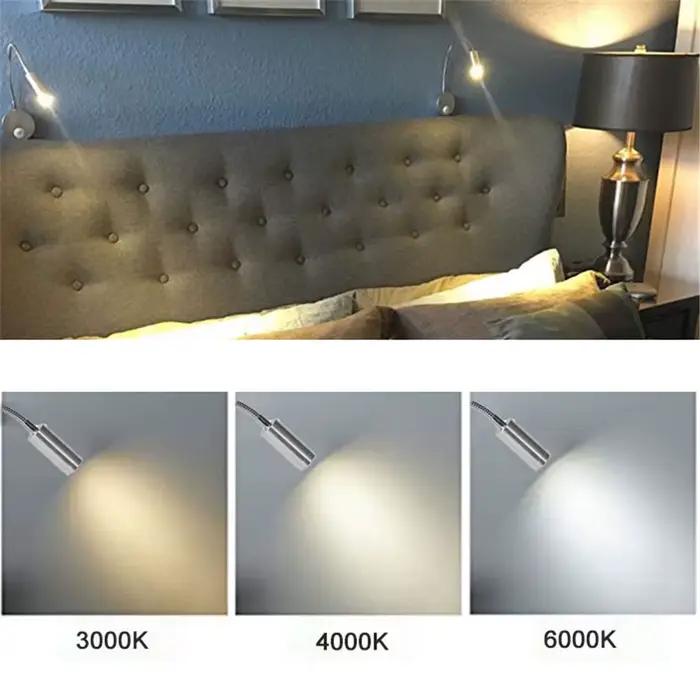 Applique murale LED flexible à col de cygne avec prise, 3 Watts (3W), pour chambre à coucher, lecture, salle de bain, noir et blanc