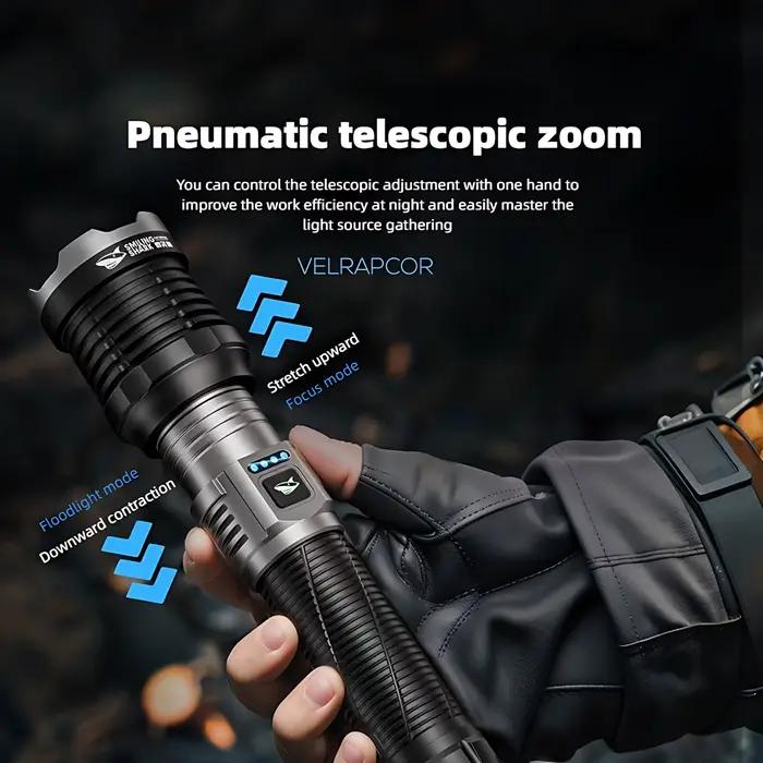 Lampe Torche 2000 Lumens à Laser Blanc, Dissipation Thermique, Zoomable, Rechargeable USB-C, 5 Modes et Résistante à l'Eau pour Chasse, Vélo, Camping et Urgence