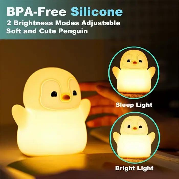 Veilleuse pingouin, lampe de pépinière en silicone spongieux sur le thème des animaux avec synchronisation de gradation, veilleuse de chevet rechargeable par USB