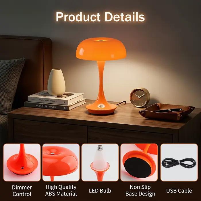 Lampe de table en forme de champignon, commande tactile, 3 couleurs, intensité réglable, sans fil, rechargeable, lumière LED en plastique, luminosité réglable, lampe de chevet