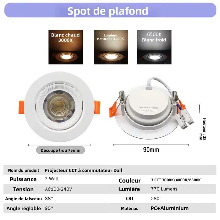 Lot de 1 à 10 spots LED encastrables 120V 220V avec interrupteur rotatif