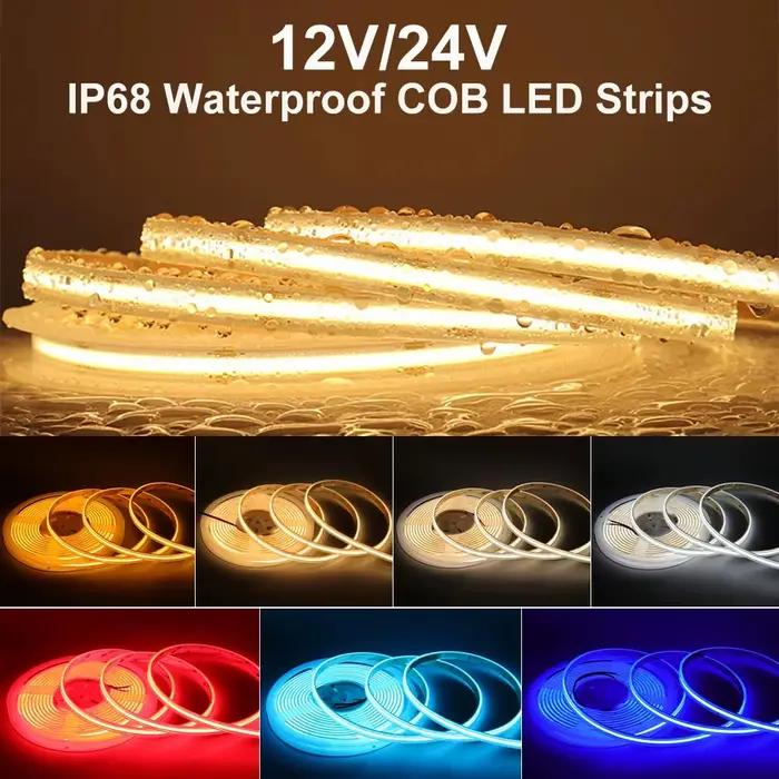 Bande lumineuse LED COB étanche IP68, ruban LED flexible, bande LED COB pour sauna, 480 LED/m, haute densité pour éclairage LED extérieur