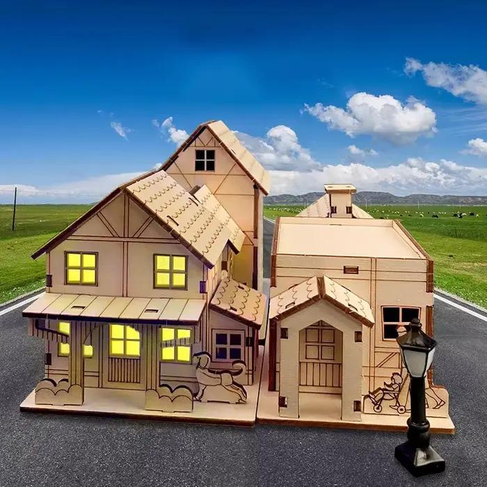 Modèle de Puzzle en bois 3D, lumière LED de noël, maison en bois, cabine lumineuse pour la décoration de la maison, maison en rondins, bricolage, décoration de fenêtre cadeau