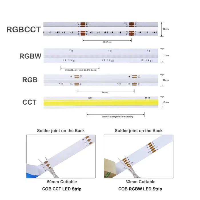 CCT/RGB/RGBW/RGBCCT COB LED bande lumineuse haute densité Flex LED bande lumineuse Dimmable FOB ruban linéaire DC24V